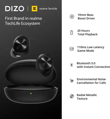 DIZO by realme TechLife GoPods D with Enviornment Noise Cancellation (ENC) Bluetooth Headset (Black, True Wireless) DIZO by realme TechLife GoPods D with Enviornment Noise Cancellation (ENC) Bluetooth Headset (Black, True Wireless)